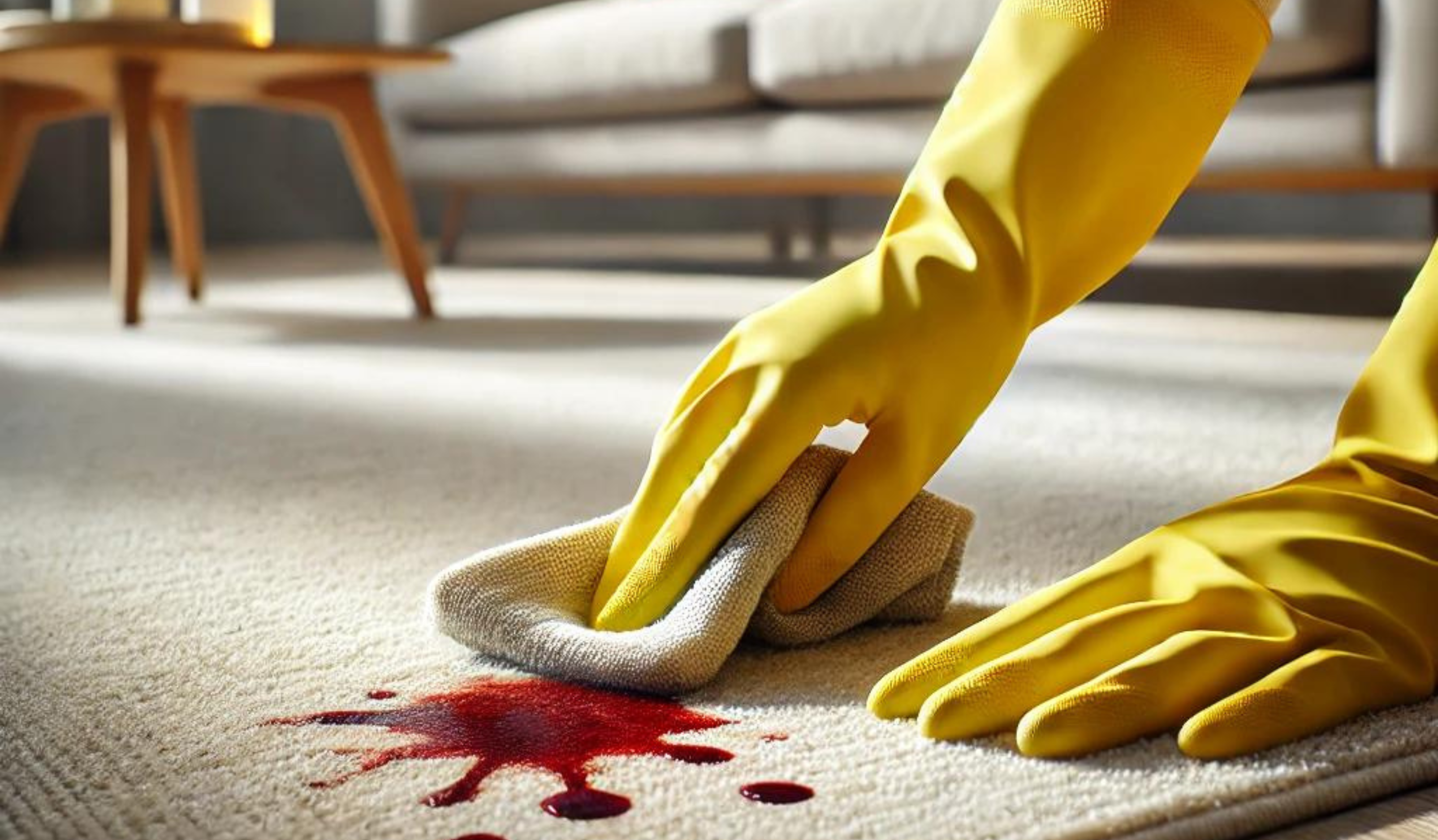 Carpet Cleaning Melbourne | A girl wearing yellow gloves cleaning a blood stain on a living room carpet.